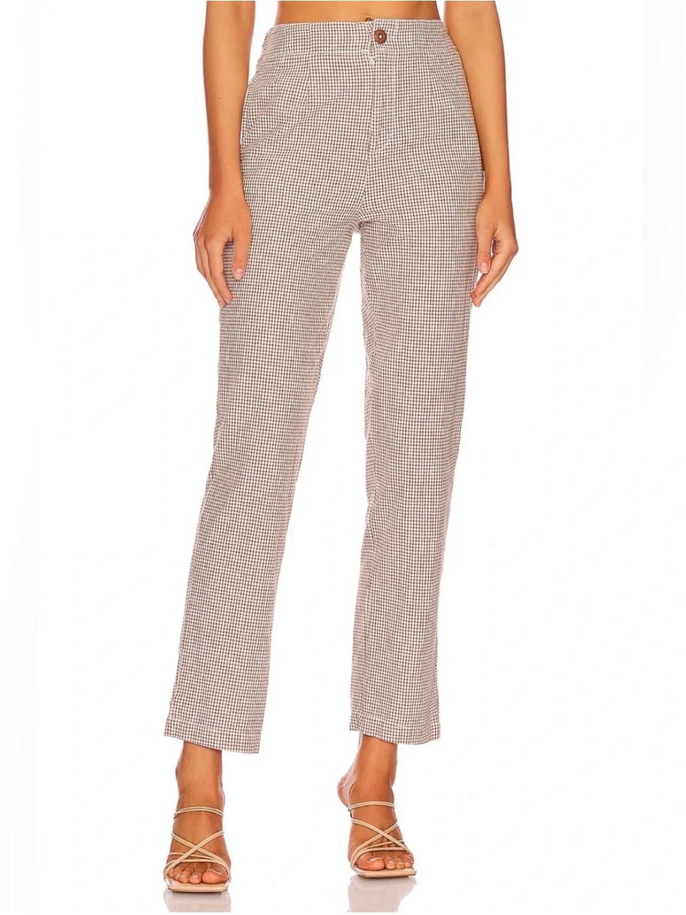 NWT Free People Kate Plaid Straight Leg Pant / Brown & White
